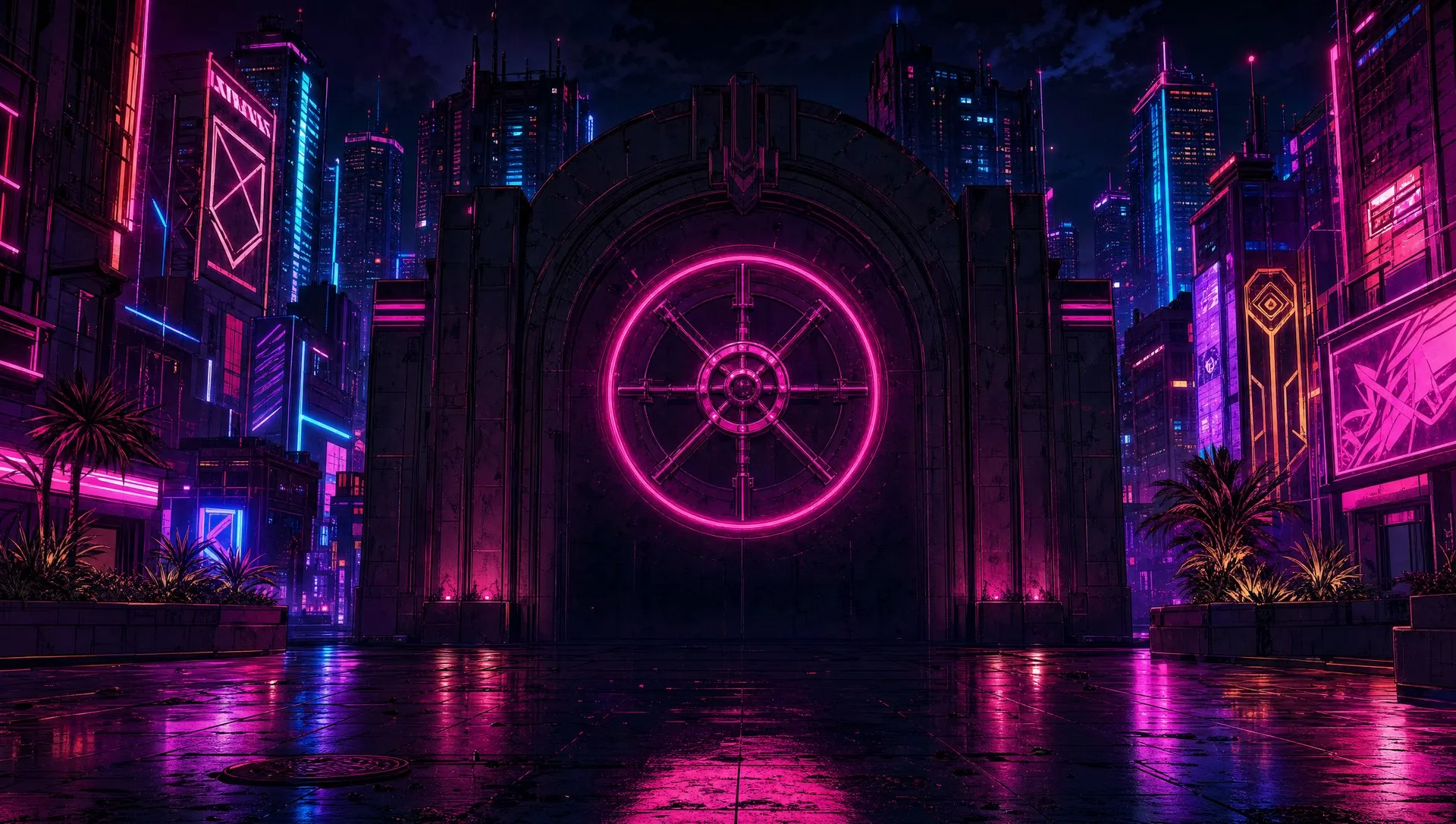 A neon city street at night with the vault door at its end