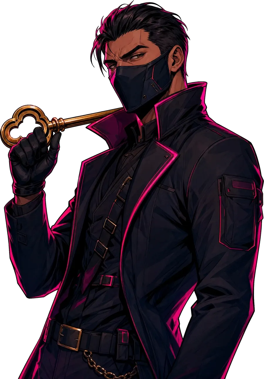The crew leader, masked, holding a golden key